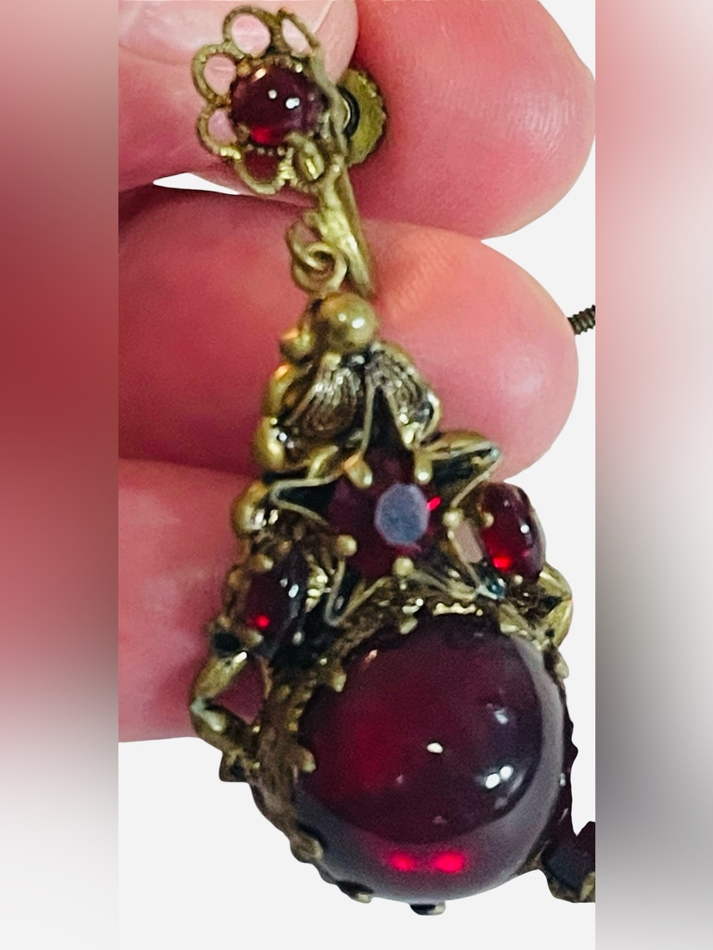 West Germany Ruby Red Glass Cabochon Screw Back Earrings Victorian Revival